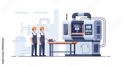 Industrial workers operating modern cnc machine in factory setting