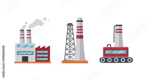 Industrial facility icons: flat factory oil rig power plant set