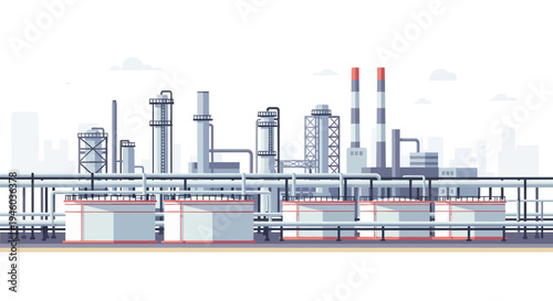 Modern industrial plant with pipelines and smokestacks in flat design