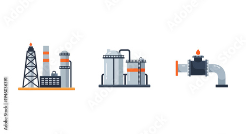 Industrial icons set: oil rig factory pipeline in flat style