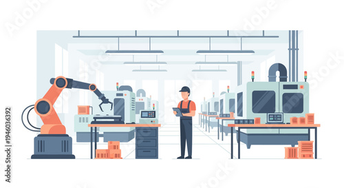 Factory automation with robotic arms and worker in modern