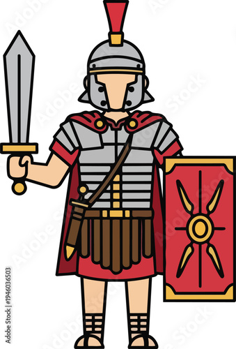Roman Soldier Legionary Cartoon Character Ancient Warrior Armor Shield Sword History Vector Illustration Gladiator Military Design Icon.