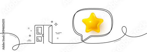 Open door line icon. Continuous line with 3d star. Entrance doorway sign. Building exit symbol. 3d star in speech bubble. Open door single line ribbon. Loop curve pattern. Vector