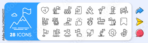 Flag line icons. Interest rate, AI generate, Inflation icons. Leadership, Goal Success, Winner with Flag. Navigation Map, Travel goal destination, People protest line icons. Vector