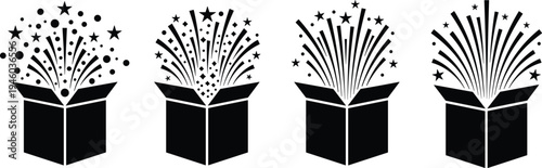 Magic gift box explosion silhouette set with stars sparkles and rays surprise celebration concept festive party decoration icon collection isolated vector