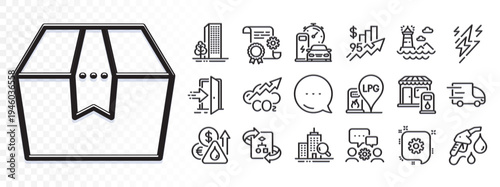Package box, Entrance and Co2 line icons for web app. Glare of light effect. Message icon. Pack of Cogwheel, Technical algorithm, Filling station pictogram icons. Vector