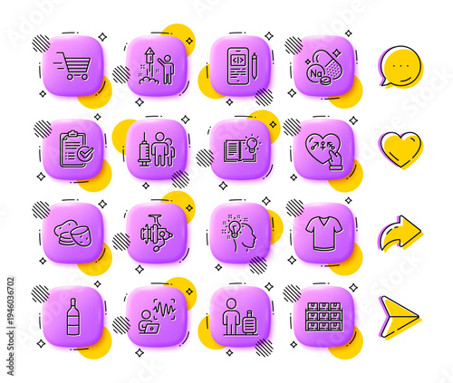 Medical vaccination, Sodium mineral and Phone code line icons. App 3d buttons. Social media comment, share, like icons. Pack of Voice wave, Baggage, Genders icon. Vector