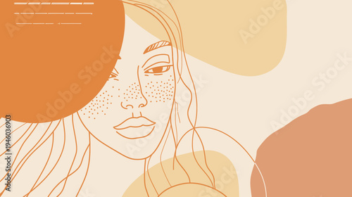 Minimalist line art illustration of a woman with freckles, bohemian style, natural beauty, earthy tones, abstract organic shapes