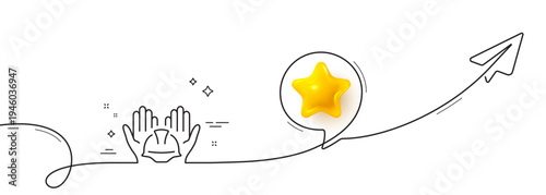 Builders union line icon. Continuous line with share plane. Care ocnstruction workers sign. Engineer or architect helmet symbol. 3d star in speech bubble. Builders union single line ribbon. Vector