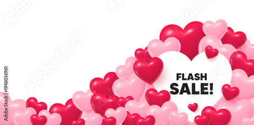 Flash sale heart shaped bubble. 3d hearts love background. Flash Sale tag. Special offer price sign. Advertising Discounts symbol. Valentines day greeting card. Cute 3d hearts. Vector