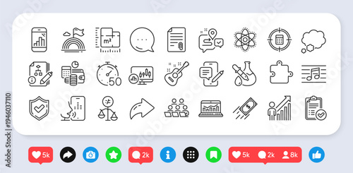 Floor plan, Algorithm and Budget accounting line icons pack. Social media: share, comment, like icons. Musical note, Attachment, Approved report web icon. Vector