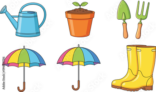 Gardening tools and rainy day items vector set, watering can plant pot umbrella boots illustration, garden equipment clipart collection
