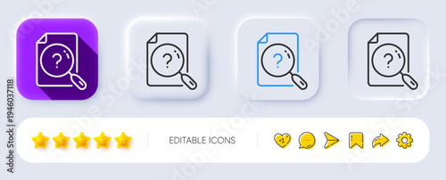Search document line icon. Neumorphic, Flat shadow, 3d buttons. Help book sign. Instruction manual symbol. Line search document icon. Social media icons. Vector