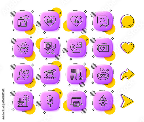 Love night, Ice cream and Love tickets line icons. App 3d buttons. Social media comment, share, like icons. Pack of New star, Journey, Grill icon. Vector