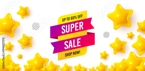 Super sale winner banner with 3d stars. Golden stars banner. Super sale banner. Discount sticker shape. Coupon tag icon. Review rate background. Vector
