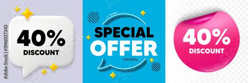 Discount speech bubble. 3d sparkles chat, Paper sticker. 40 percent discount tag. Sale offer price sign. Special offer symbol. Special offer bubble. Halftone dots pattern. Vector