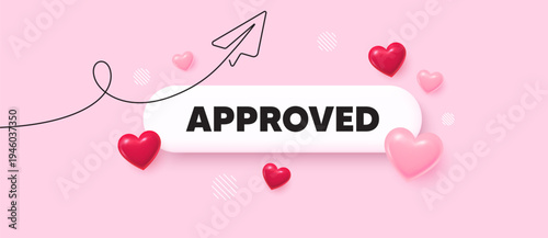 Approved search bar. Share plane line icon. Approved message. Permission access sign. Accepted document symbol. Search button with 3d hearts. Vector