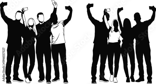 Group of friends taking selfie silhouette vector set, young people holding smartphones photo pose, social media friendship illustration