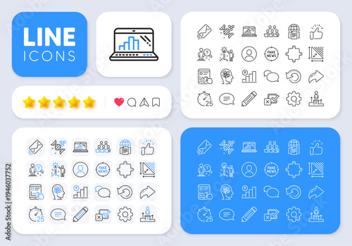Headshot, Chat and Stress line icons for web app. Message, Share, Like social media icons. Pack of Recovery data, Graph laptop, Business podium pictogram icons. Vector