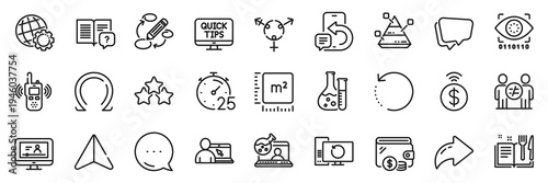 Timer, Phone message and Ranking stars line icons pack. Share, Message, Paper plane icons. Transmitter, Keywords, Wallet web icon. Globe, Instruction manual, Omega pictogram. Vector