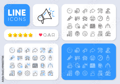 Freezing timer, Risk management and Repair line icons for web app. Message, Share, Like social media icons. Pack of Biometric security, Restaurant app, Phone message pictogram icons. Vector