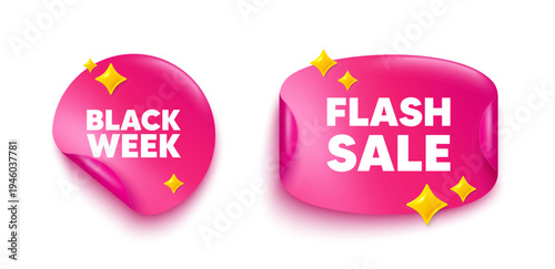 Black week sticker tag. Flash offer paper price banner. Black week offer. Special discount sign. Black friday sale symbol. Discount sticker with 3d glitter. Vector