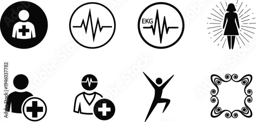 Healthcare medical icons vector set, patient doctor ekg heartbeat wellness illustration, health care symbols clipart collection
