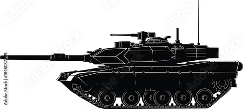 Black silhouette illustration of modern main battle tank with long barrel cannon, turret equipment, angular armor plating, caterpillar tracks, and antennas for military technology visualization and 