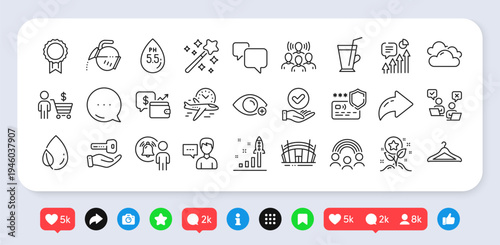 Loyalty points, Approved checkbox and Buying house line icons pack. Social media: share, comment, like icons. Farsightedness, Flight time, Arena stadium web icon. Vector