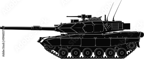 Black silhouette side view illustration of modern main battle tank with long barrel gun, angular armor plating, caterpillar tracks, antennas, and turret equipment for military 