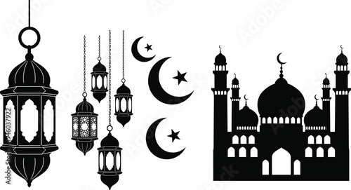 Islamic ramadan lantern crescent moon mosque vector set, arabic fanous lamps and mosque silhouette illustration, eid decoration clipart collection