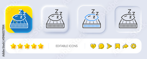 Mattress line icon. Neumorphic, Flat shadow, 3d buttons. Night sleep bed rest sign. Pillow with zzz symbol. Line mattress icon. Social media icons. Vector