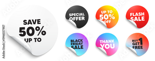 Discount sticker tag. Special offer paper price tags. Save up to 50 percent tag. Discount Sale offer price sign. Special offer symbol. Discount, black friday sticker. Promo banner. Vector