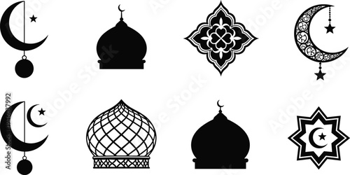 Islamic symbols silhouette vector set, crescent moon mosque dome arabic ornament illustration, ramadan 