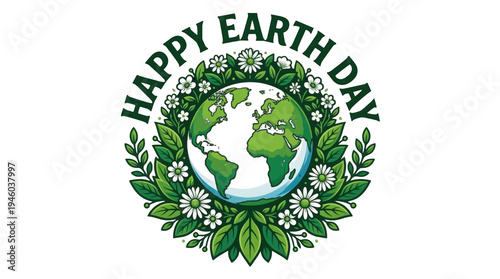 Happy Earth Day celebration design featuring a vibrant globe surrounded by lush green leaves and white daisy flowers.