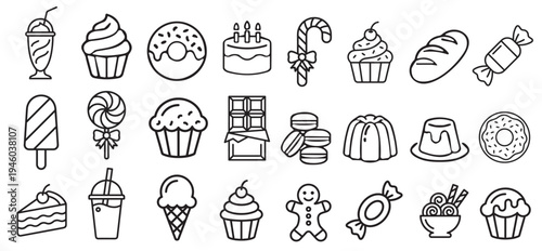 dessert outline icon set with cake, cupcake, donut, candy, ice cream, macaron and chocolate sweet food vector illustration collection on transparent background