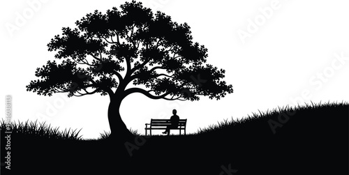 Lonely man sitting on bench under tree silhouette, peaceful nature landscape vector illustration, park scene with grass hill, calm outdoor scenery