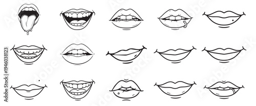 vector set of female lips outline, mouth expressions with teeth and tongue, minimal line illustration collection for beauty design on transparent background