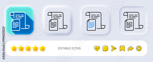 Documents line icon. Neumorphic, Flat shadow, 3d buttons. Doc file page sign. Office note symbol. Line documents icon. Social media icons. Vector