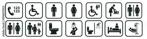 public restroom and bathroom facility icons including toilet, shower, accessibility wheelchair, baby care and hospital bed vector pictogram set on transparent background
