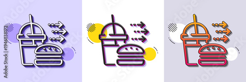 Food delivery line icon. Halftone dotted pattern. Gradient icon with grain shadow. Cheeseburger with Soft drink sign. Catering service symbol. Line food delivery icon. Various designs. Vector