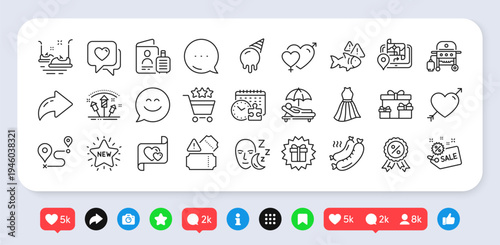 Surprise boxes, Dress and Gas grill line icons pack. Social media: share, comment, like icons. Journey, Gps, Sleep web icon. Sunbed, Smile chat, Passport pictogram. Vector