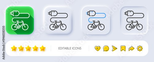 Electric bike line icon. Neumorphic, Flat shadow, 3d buttons. Motorized bicycle transport sign. Charge ebike symbol. Line electric bike icon. Social media icons. Vector