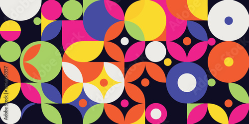 Abstract geometric pattern with circles and squares on dark background