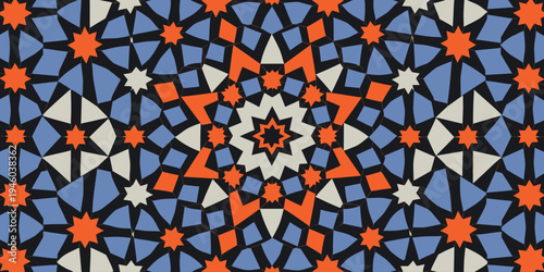 Islamic geometric star pattern with traditional blue and orange motif