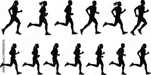 Running people silhouette vector set, male and female runners jogging exercise illustration, fitness 