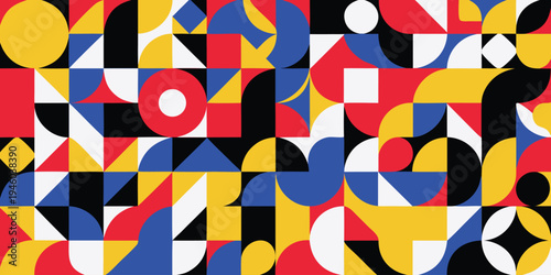 Abstract neo geo pattern with various shapes on dark background
