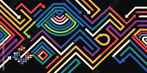 Colorful arrow maze with complex intertwined paths on black background