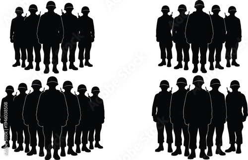 Soldier team silhouette vector set, military army group standing together illustration, soldiers in uniform clipart collection, defense forces personnel