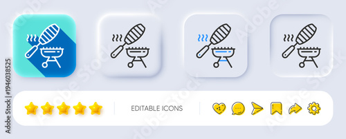 Grill line icon. Neumorphic, Flat shadow, 3d buttons. Barbecue fish basket sign. Meat brazier cooker utensils symbol. Line fish grill icon. Social media icons. Vector